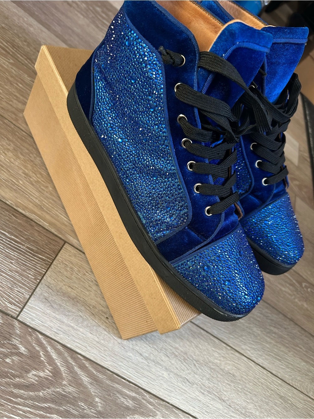 Blue Christian Louboutin Crystal Embellished Velvet High-Top Sneakers -Men’s